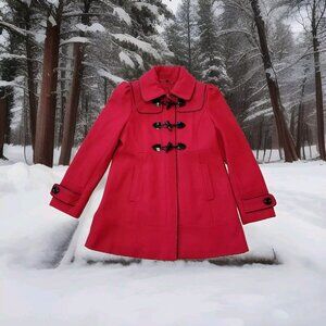 ✅Womens L VTG Guess Pea Coat RED Wool Blend Zipper Toggle Blazer Jacket *NO HOOD